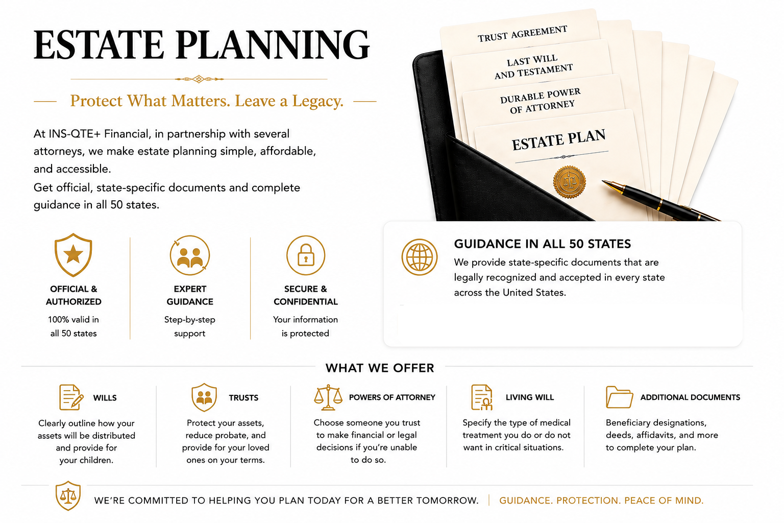 Estate planning services including wills, trusts, powers of attorney, living wills, and additional documents